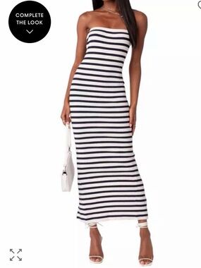 Edikted Navy and White Ribbed Stripe Long Tube Dress. Sz S.